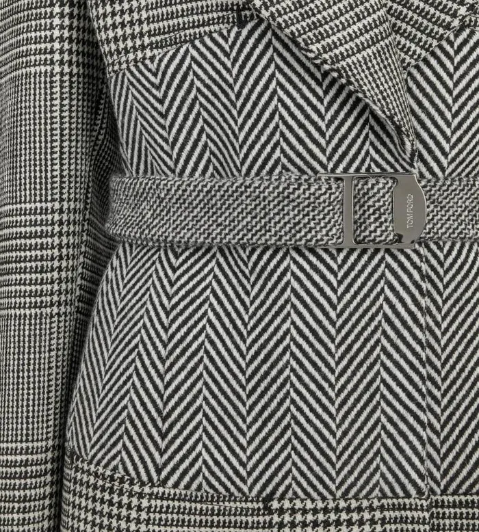 Women Outerwear Tom Ford Wool Patchwork Belted Coat Black Chalk Women Outerwear Tom Ford Wool Patchwork Belted Coat Black Chalk