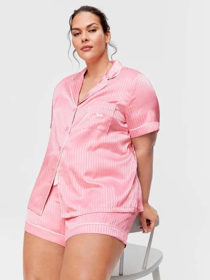 Women PA Plus Blush Stripe Chic Satin Shortie Pj Set Blush Peter Alexander Sets and Onesies