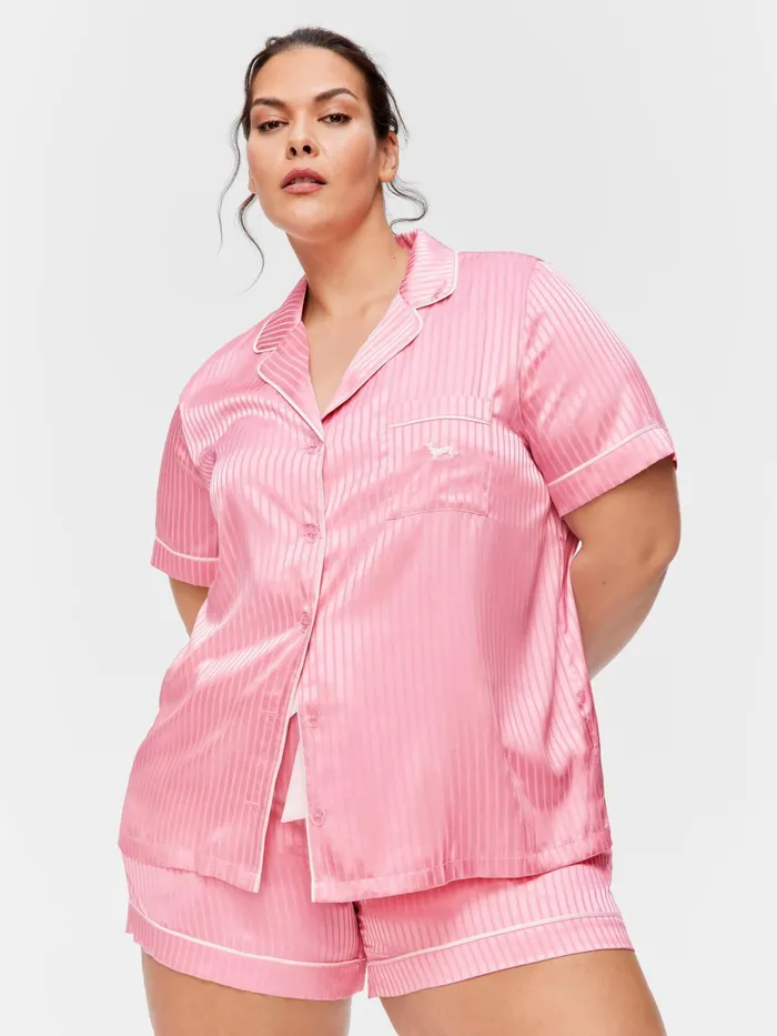 Women PA Plus Blush Stripe Chic Satin Shortie Pj Set Blush Peter Alexander Sets and Onesies