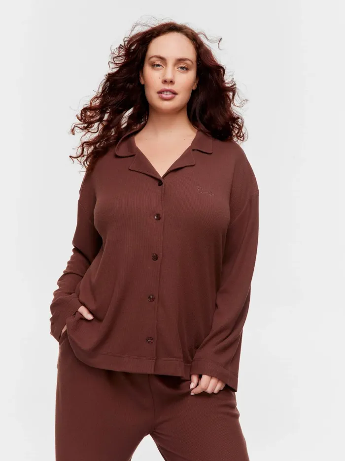 Women PA Plus Choc Waffle Long Sleeve Shirt Brown Peter Alexander Tops