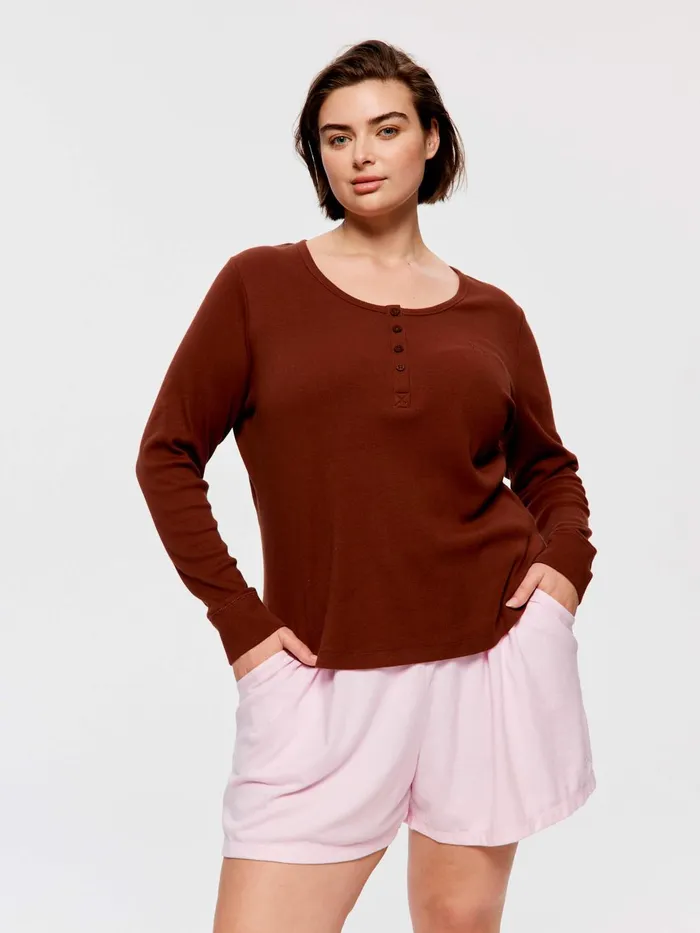 Women PA Plus Classic Rib Henley Pale Pink Peter Alexander Classic Tops