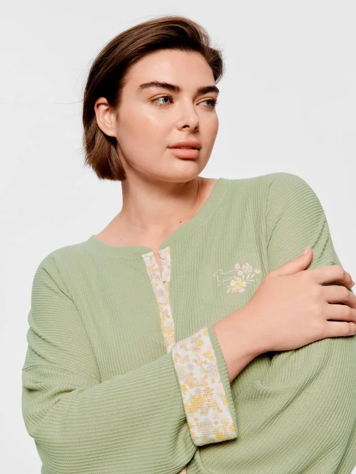 Women PA Plus Waffle Henley Top Green Peter Alexander Tops