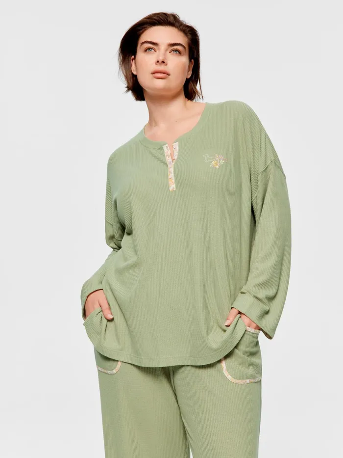 Women PA Plus Waffle Henley Top Green Peter Alexander Tops