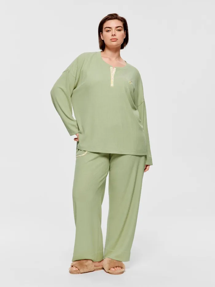 Women PA Plus Waffle Henley Top Green Peter Alexander Tops