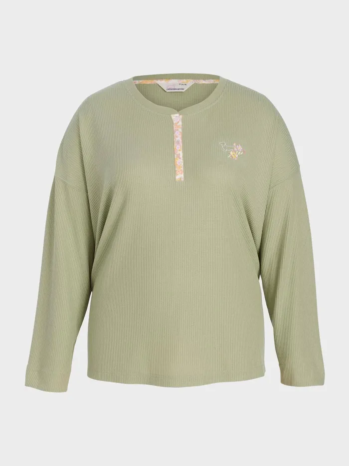 Women PA Plus Waffle Henley Top Green Peter Alexander Tops