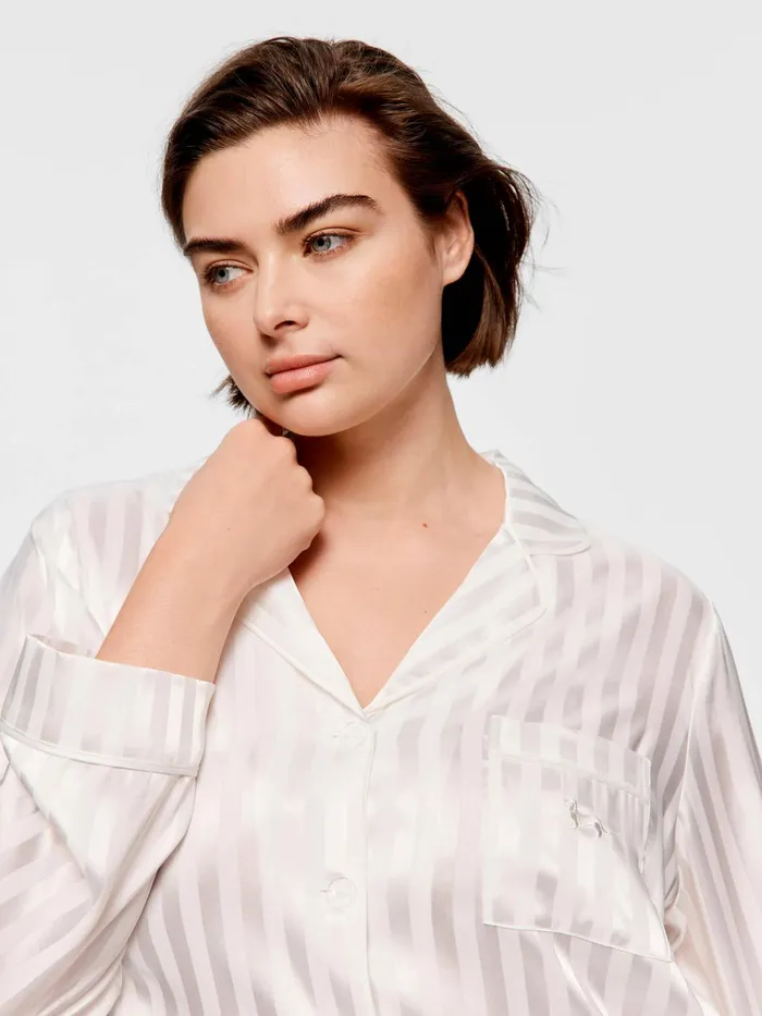 Women PA Plus White Stripe Chic Satin Long Sleeve Pj Set White Peter Alexander Sets and Onesies