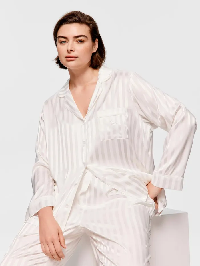 Women PA Plus White Stripe Chic Satin Long Sleeve Pj Set White Peter Alexander Sets and Onesies
