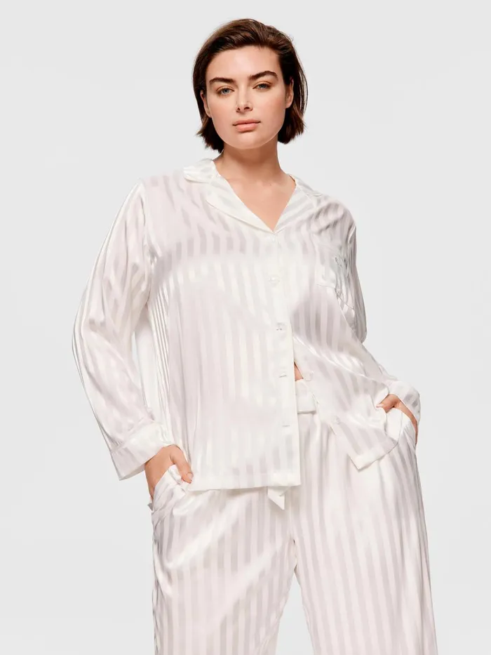 Women PA Plus White Stripe Chic Satin Long Sleeve Pj Set White Peter Alexander Sets and Onesies
