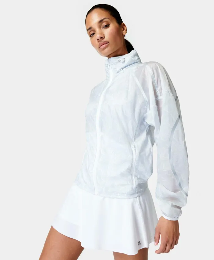 Women Pack Away Jacket White Tonal Lace Print Sweaty Betty Coats and Jackets