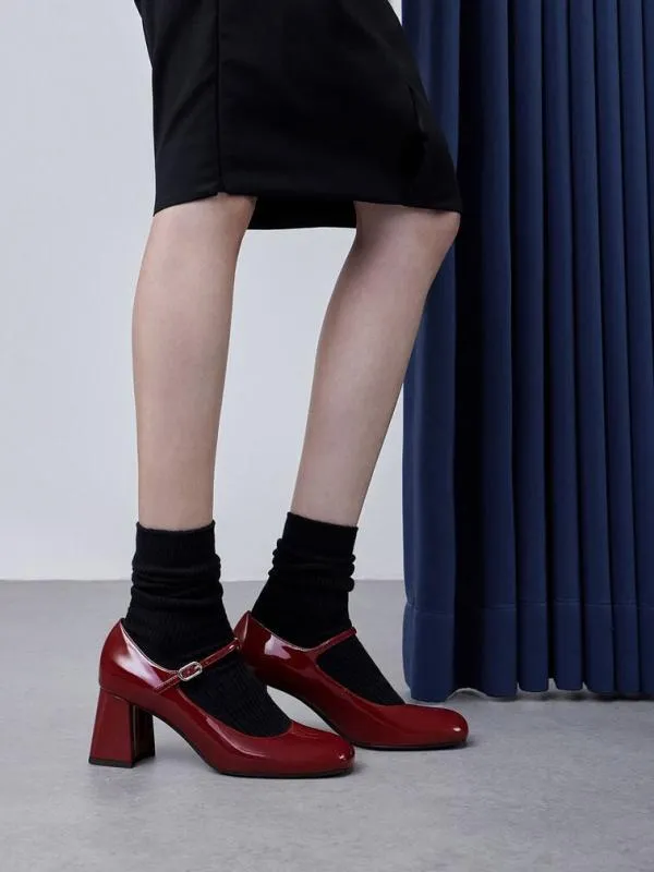 Women Patent BlockHeel Mary Jane Pumps 8211 Maroon CHARLES and KEITH Heels