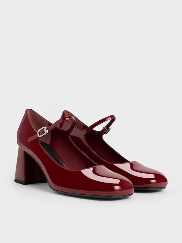 Women Patent BlockHeel Mary Jane Pumps 8211 Maroon CHARLES and KEITH Heels