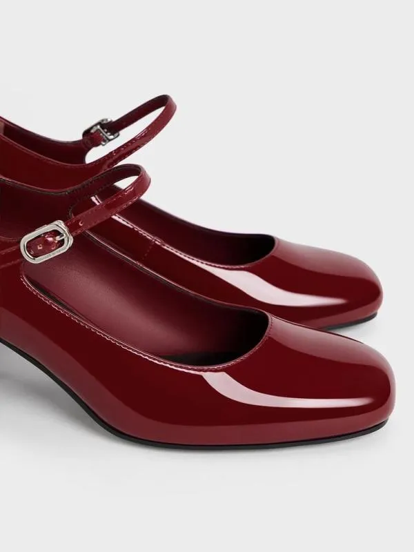 Women Patent BlockHeel Mary Jane Pumps 8211 Maroon CHARLES and KEITH Heels