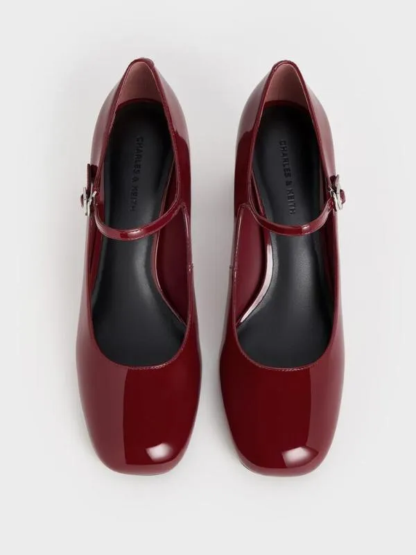 Women Patent BlockHeel Mary Jane Pumps 8211 Maroon CHARLES and KEITH Heels
