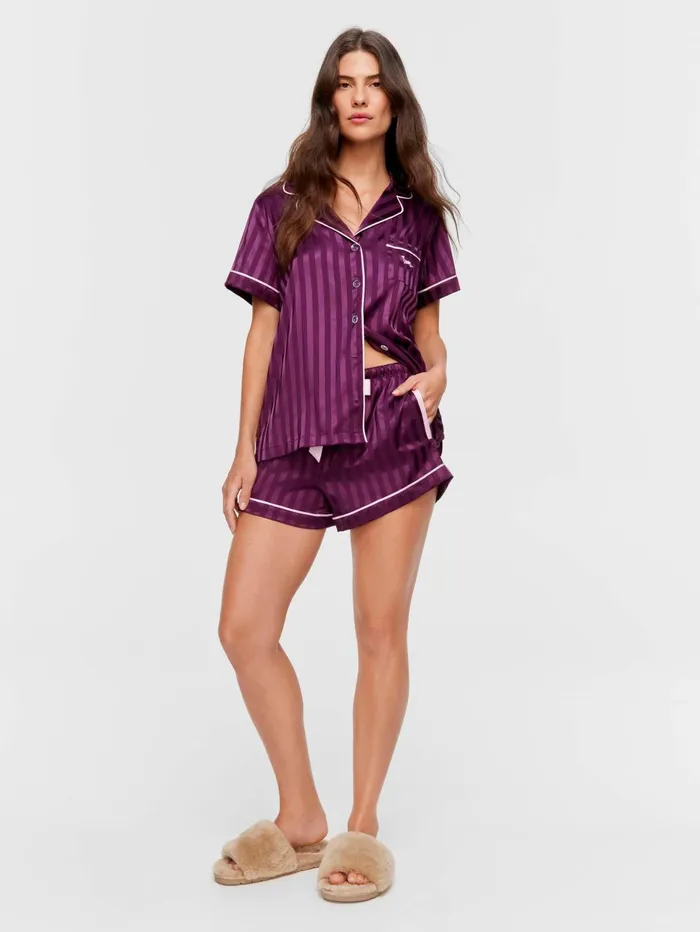 Women Plum Stripe Chic Satin Shortie Pj Set Multi Peter Alexander Sets and Onesies Women Plum Stripe Chic Satin Shortie Pj Set Multi Peter Alexander Sets and Onesies