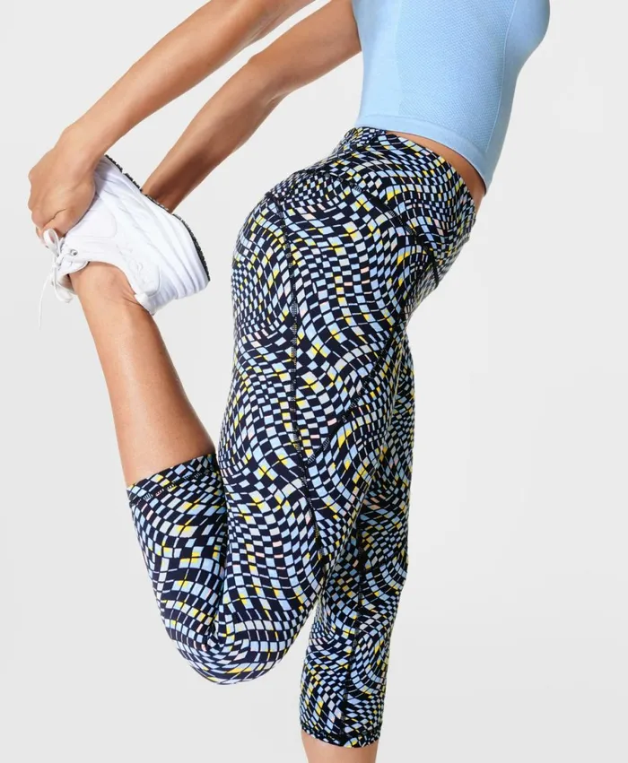 Women Power Cropped Gym Leggings Blue Fluid Check Print Sweaty Betty Pocketed Women Power Cropped Gym Leggings Blue Fluid Check Print Sweaty Betty Pocketed