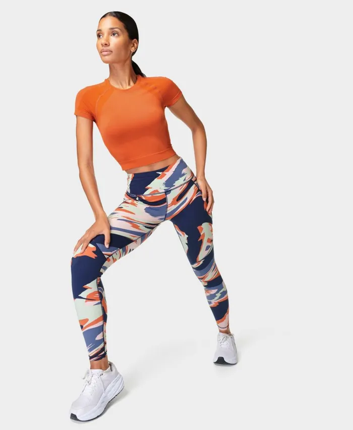 Women Power Gym Leggings Blue Liquid Storm Print Sweaty Betty Pocketed
