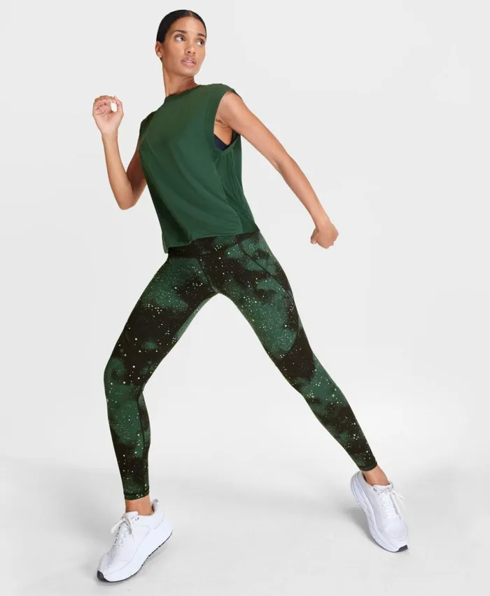 Women Power Gym Leggings Green Ditsy Star Print Sweaty Betty Pocketed