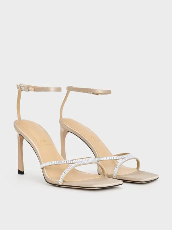 Women Recycled Polyester CrystalEmbellished AnkleStrap Sandals 8211 Champagne CHARLES and KEITH Heels