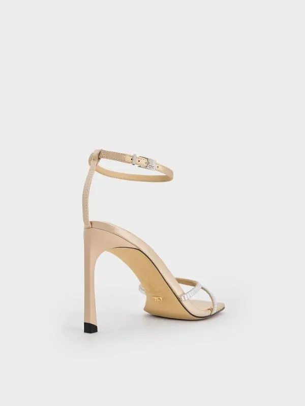 Women Recycled Polyester CrystalEmbellished AnkleStrap Sandals 8211 Champagne CHARLES and KEITH Heels