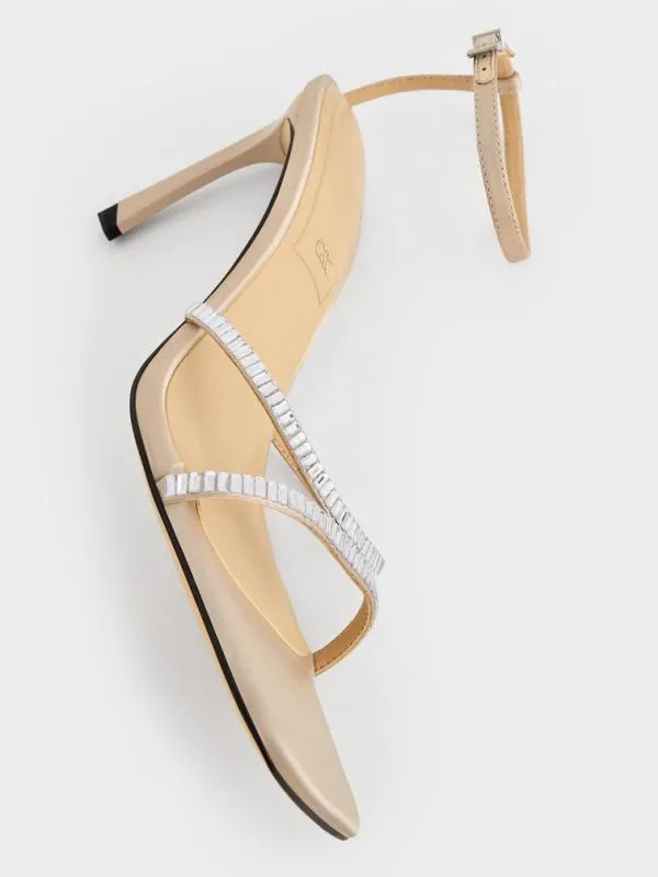 Women Recycled Polyester CrystalEmbellished AnkleStrap Sandals 8211 Champagne CHARLES and KEITH Heels