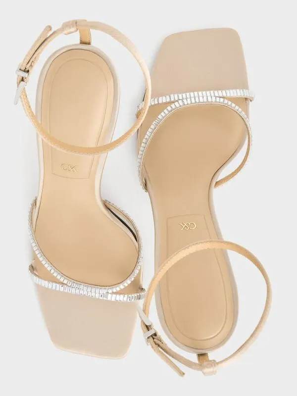Women Recycled Polyester CrystalEmbellished AnkleStrap Sandals 8211 Champagne CHARLES and KEITH Heels