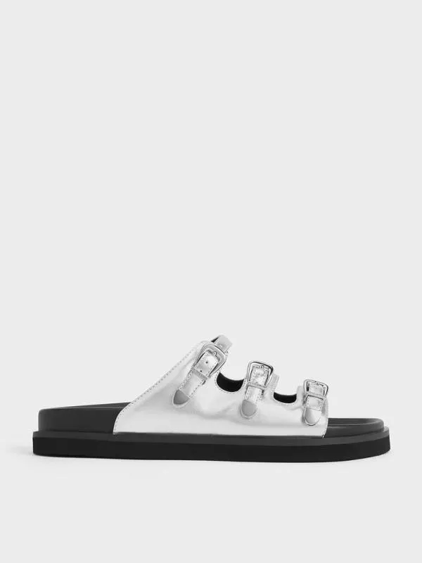 Women Samala Metallic Buckled TripleStrap Sandals 8211 Silver CHARLES and KEITH Sandals