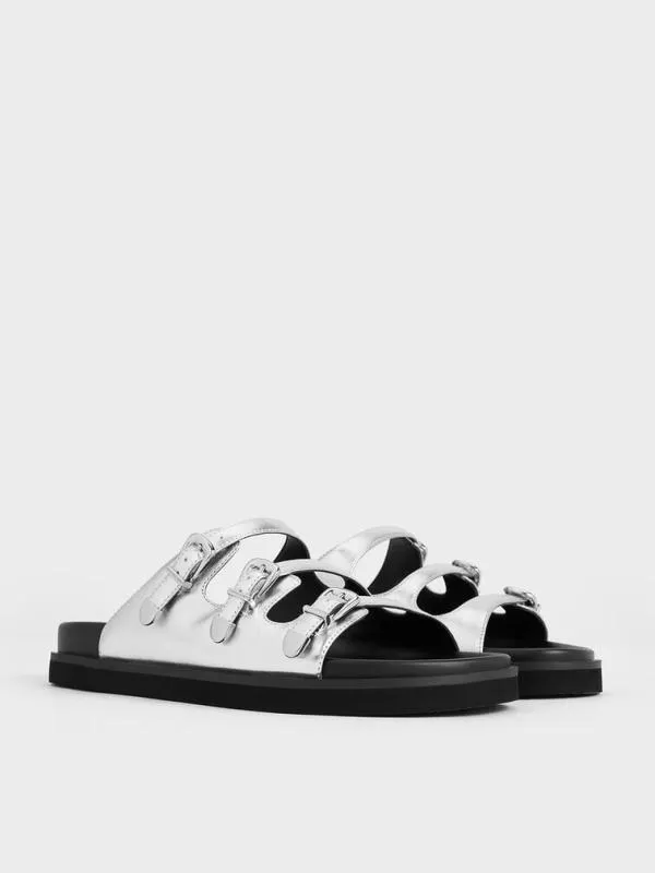 Women Samala Metallic Buckled TripleStrap Sandals 8211 Silver CHARLES and KEITH Sandals