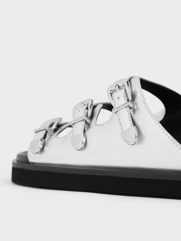 Women Samala Metallic Buckled TripleStrap Sandals 8211 Silver CHARLES and KEITH Sandals