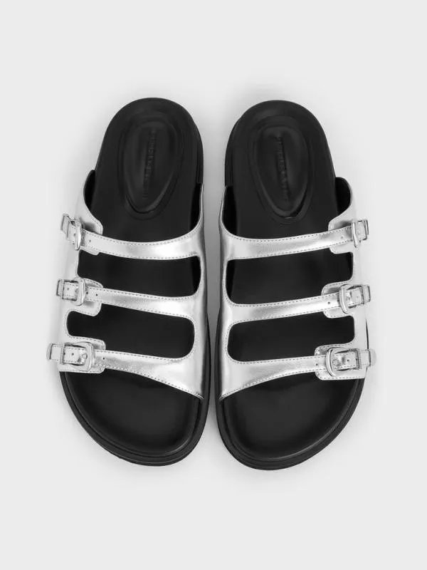 Women Samala Metallic Buckled TripleStrap Sandals 8211 Silver CHARLES and KEITH Sandals