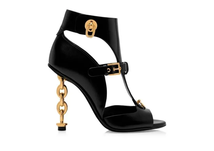 Women Sandals Tom Ford Chain Heel Leather Sandal Black