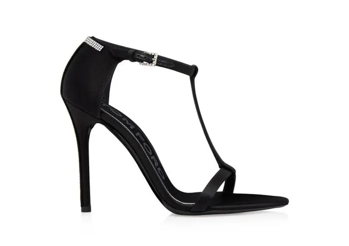 Women Sandals Tom Ford Satin And Crystal Stones Iconic T Sandal Black Crystal