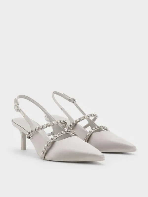 Women Satin CrystalEmbellished Mary Jane Pumps 8211 Light Grey CHARLES and KEITH Heels
