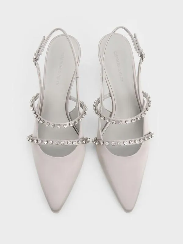 Women Satin CrystalEmbellished Mary Jane Pumps 8211 Light Grey CHARLES and KEITH Heels