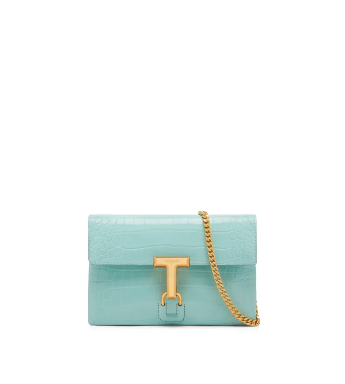 Women Shoulder Bags Tom Ford Shiny Stamped Crocodile Leather Monarch Mini Bag Pastel Turquoise