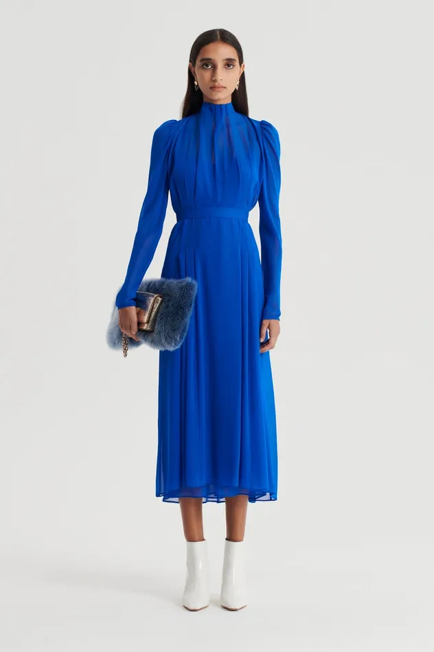 Women SILK GEORGETTE GATHER NECK DRESS COBALT Dresses Scanlan Theodore
