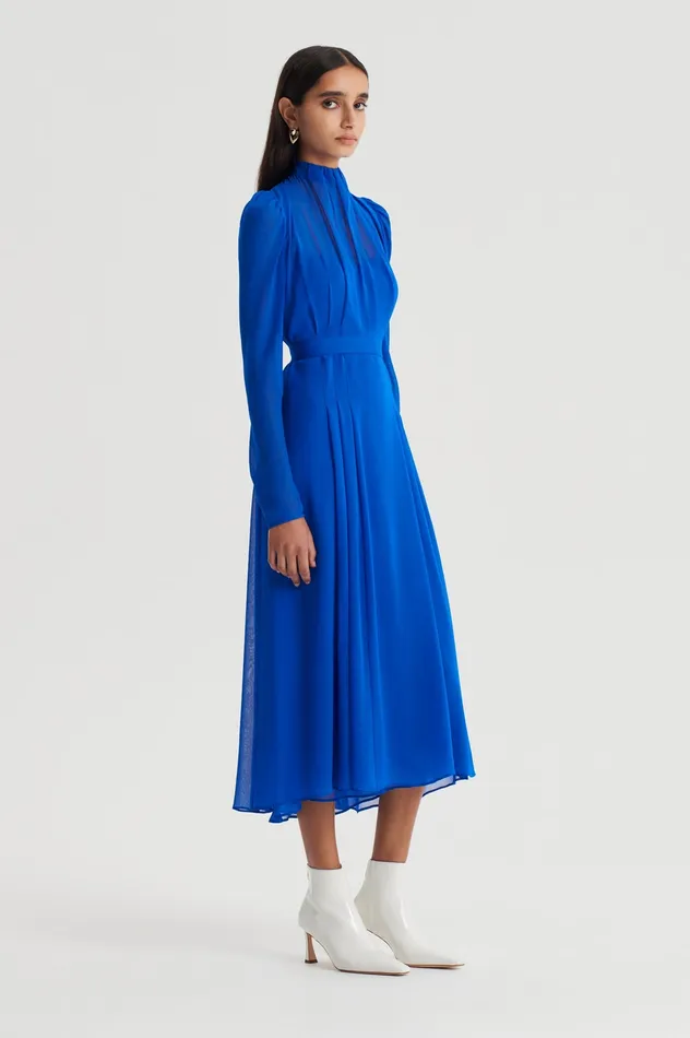 Women SILK GEORGETTE GATHER NECK DRESS COBALT Dresses Scanlan Theodore Women SILK GEORGETTE GATHER NECK DRESS COBALT Dresses Scanlan Theodore