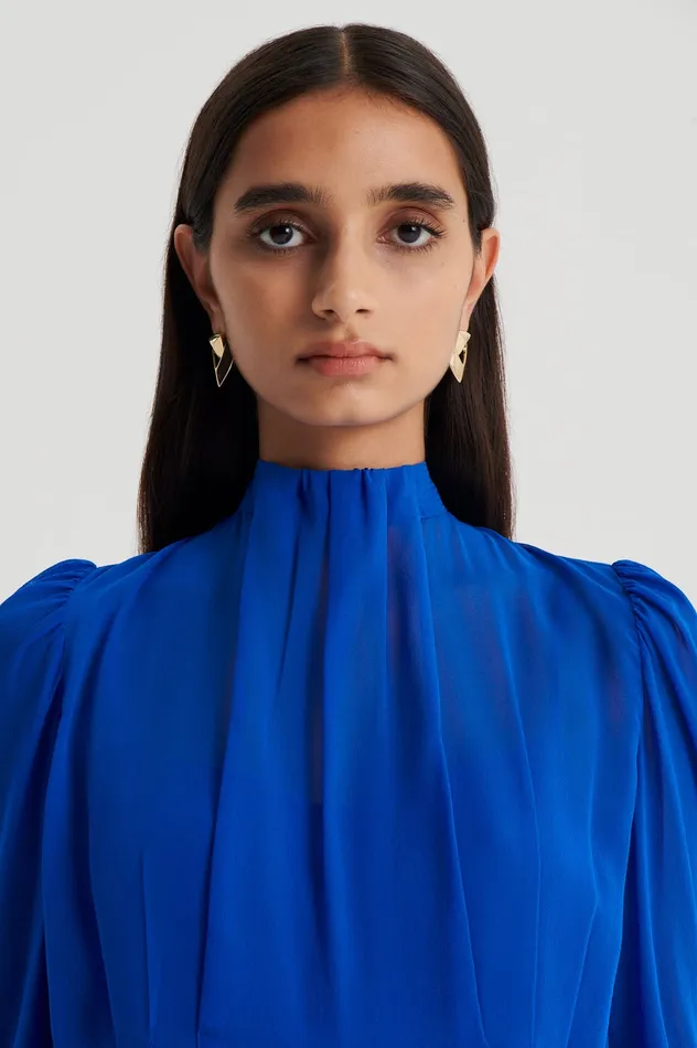 Women SILK GEORGETTE GATHER NECK DRESS COBALT Dresses Scanlan Theodore Women SILK GEORGETTE GATHER NECK DRESS COBALT Dresses Scanlan Theodore