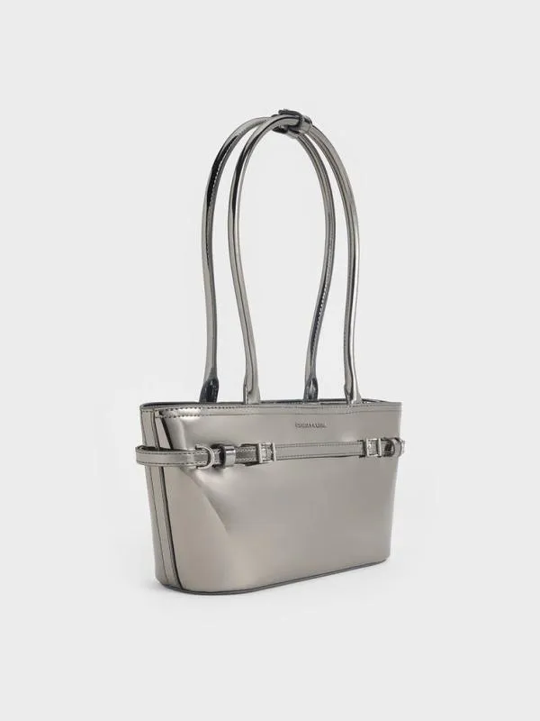 Women Sloane Metallic ElongatedHandle Shoulder Bag 8211 Pewter CHARLES and KEITH Shoulder Bags