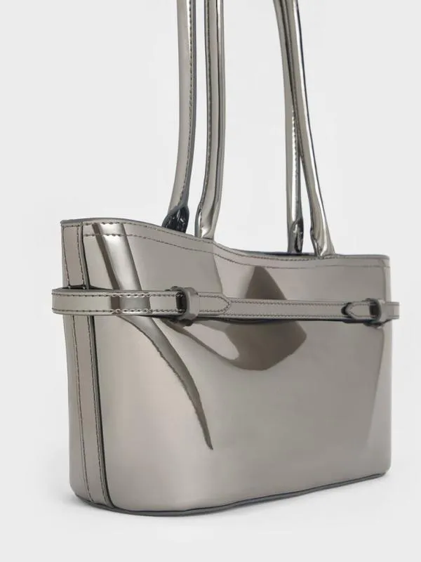 Women Sloane Metallic ElongatedHandle Shoulder Bag 8211 Pewter CHARLES and KEITH Shoulder Bags