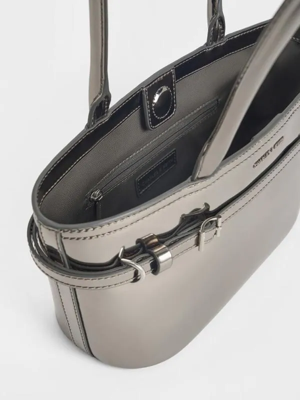 Women Sloane Metallic ElongatedHandle Shoulder Bag 8211 Pewter CHARLES and KEITH Shoulder Bags