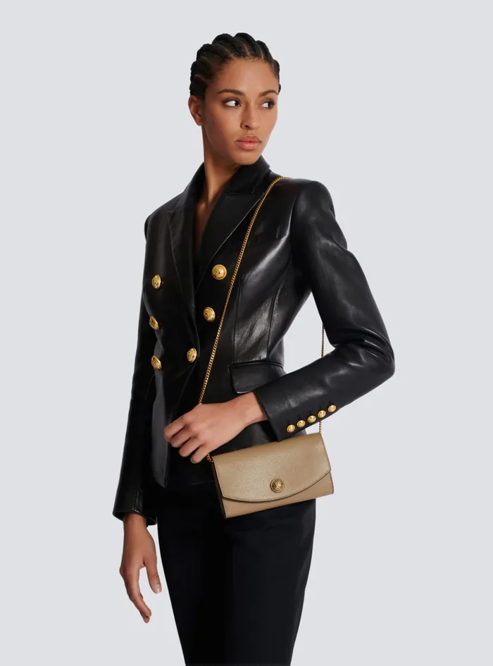 Women Small Leather Goods Balmain Emblegraveme Grained Calfskin Clutch Brown