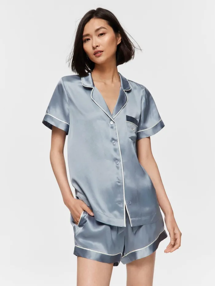 Women Steel Blue Mulberry Silk Shortie Pj Set Steel Blue Peter Alexander Sets and Onesies