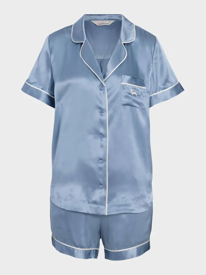 Women Steel Blue Mulberry Silk Shortie Pj Set Steel Blue Peter Alexander Sets and Onesies