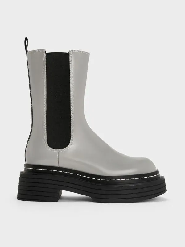 Women StitchTrim Platform MidCalf Chelsea Boots 8211 Grey CHARLES and KEITH Boots Women StitchTrim Platform MidCalf Chelsea Boots 8211 Grey CHARLES and KEITH Boots