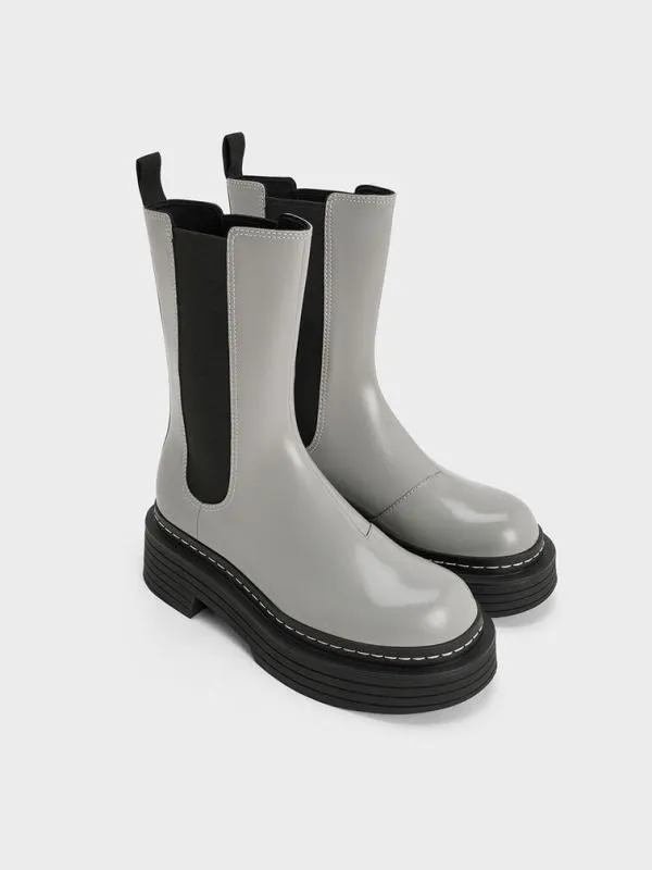 Women StitchTrim Platform MidCalf Chelsea Boots 8211 Grey CHARLES and KEITH Boots