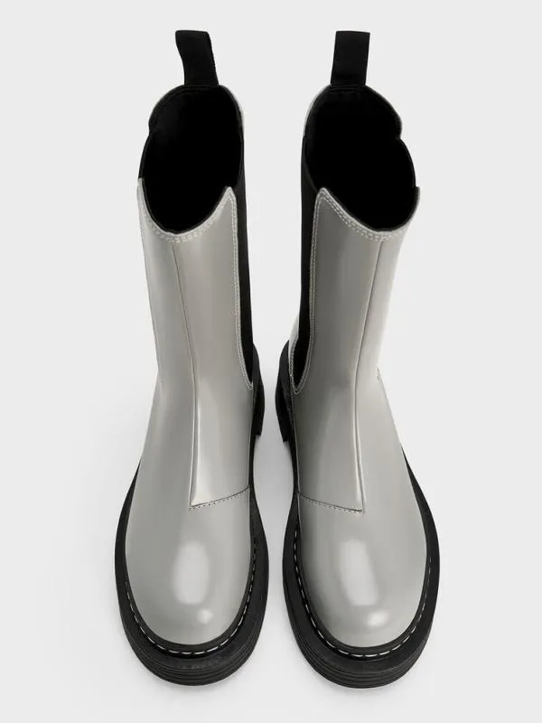 Women StitchTrim Platform MidCalf Chelsea Boots 8211 Grey CHARLES and KEITH Boots