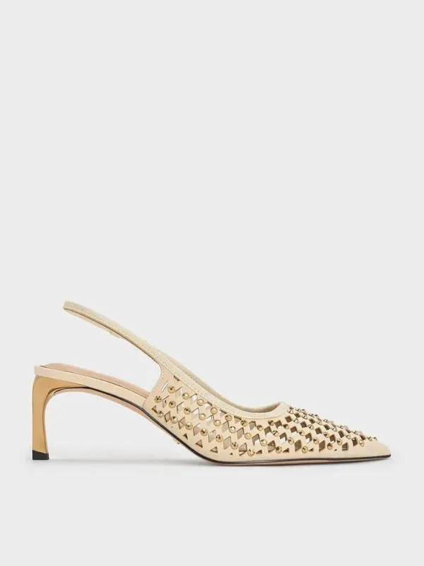 Women Studded CutOut KittenHeel Slingback Pumps 8211 Cream CHARLES and KEITH Heels