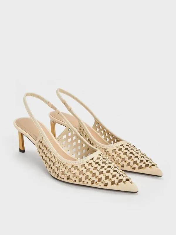 Women Studded CutOut KittenHeel Slingback Pumps 8211 Cream CHARLES and KEITH Heels