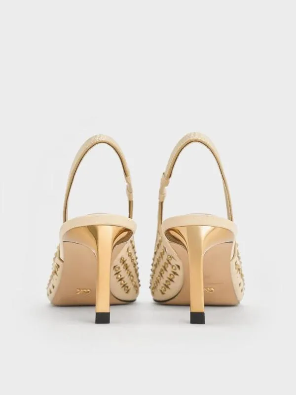 Women Studded CutOut KittenHeel Slingback Pumps 8211 Cream CHARLES and KEITH Heels