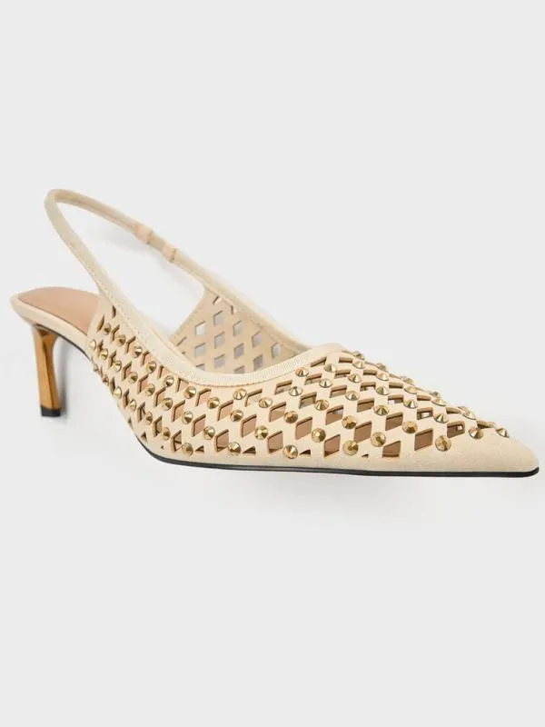 Women Studded CutOut KittenHeel Slingback Pumps 8211 Cream CHARLES and KEITH Heels